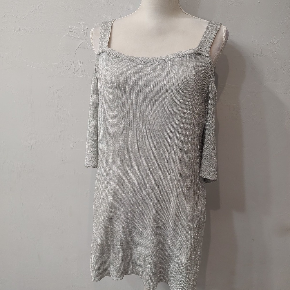 Travelers‎ Collection Chicos Liquid Silver Metallic Cold Shoulder Top Sz 3 16